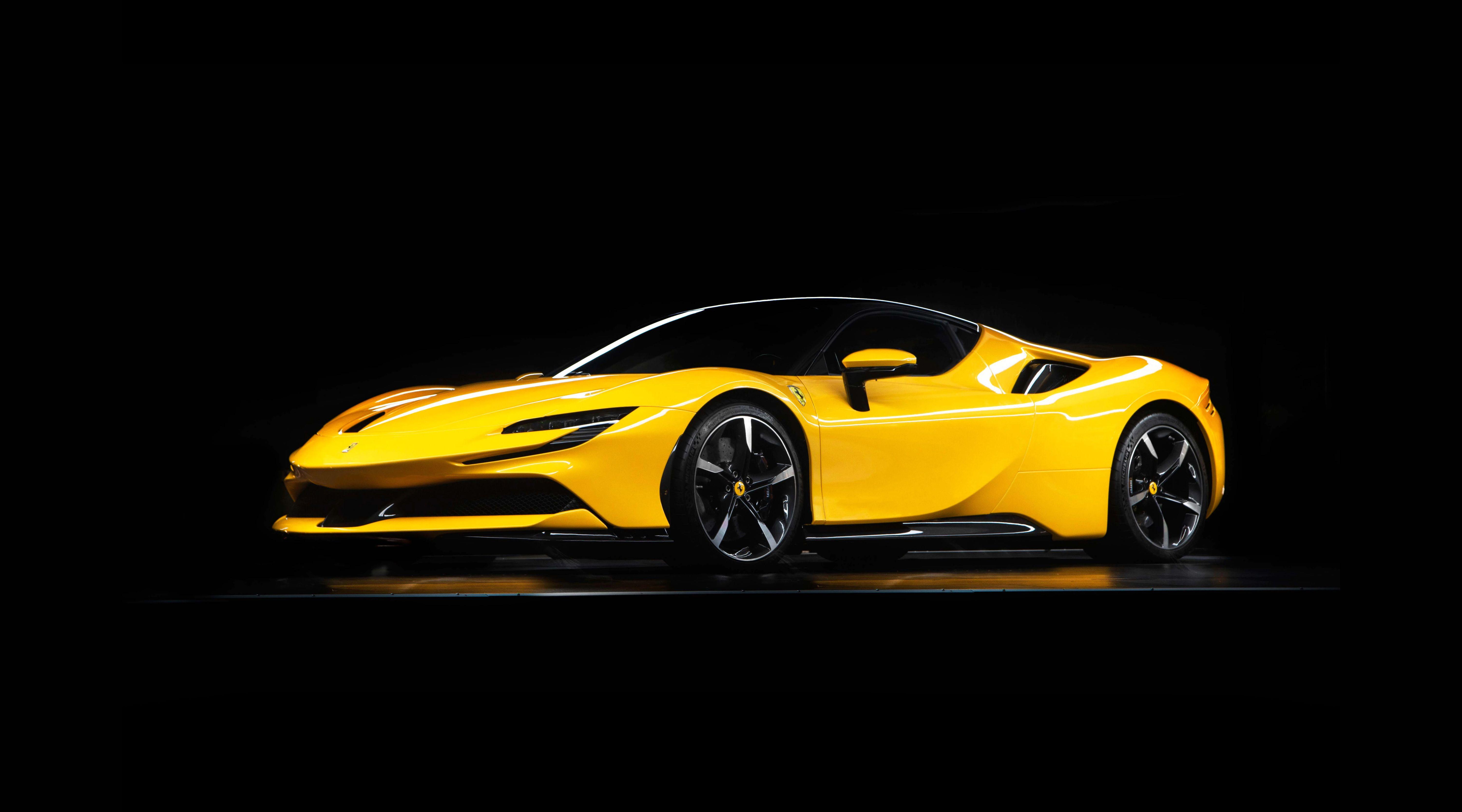 6000x3333 Ferrari SF90 Stradale 4K Wallpaper, Hybrid Cars, Sports Cars, Black Background, 5K, Black Dark
