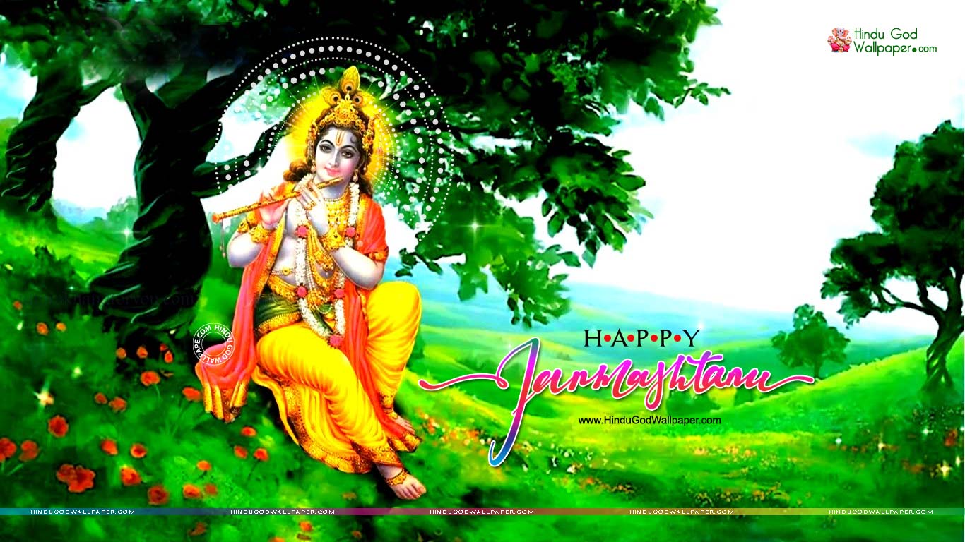 1366x768 Shri Krishna Janmashtami Green Wallpaper Free Download