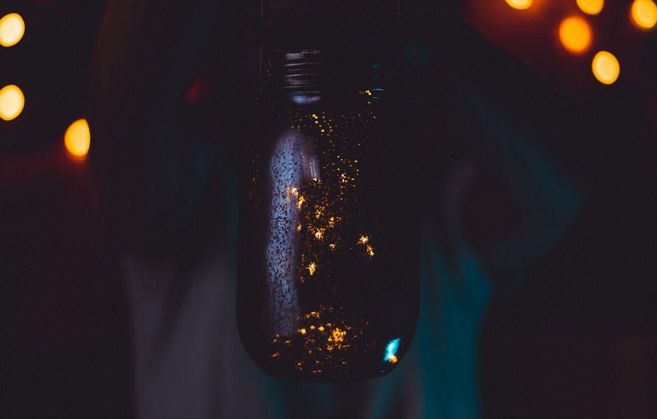 1332x850 Wallpaper lights, dark, black, glow, macro, blur, bokeh, jar, 4k
