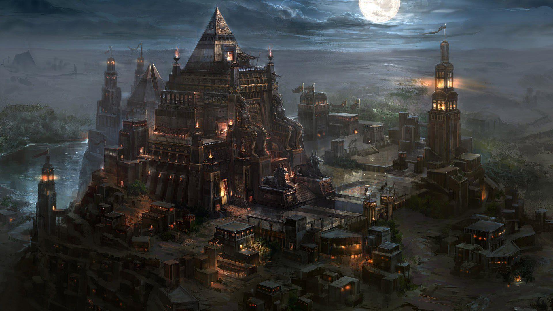 1920x1080 artwork, Fantasy art, Pyramid, Temple, Night, Moonlight, Moon