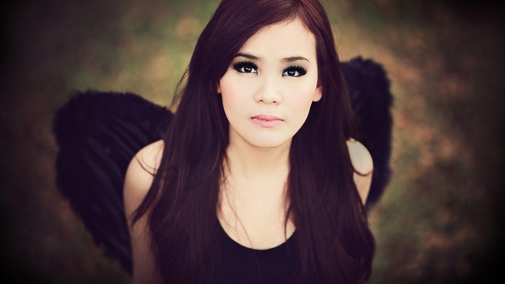 1920x1080 #long hair, #model, #dark eyes, #wings, #angel, #women