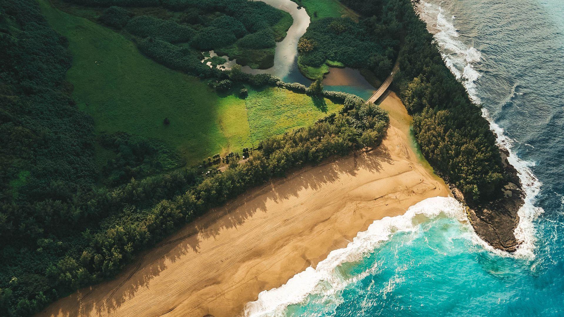 1920x1080 Download wallpaper 1920x1080 ocean, beach, aerial view, kauai