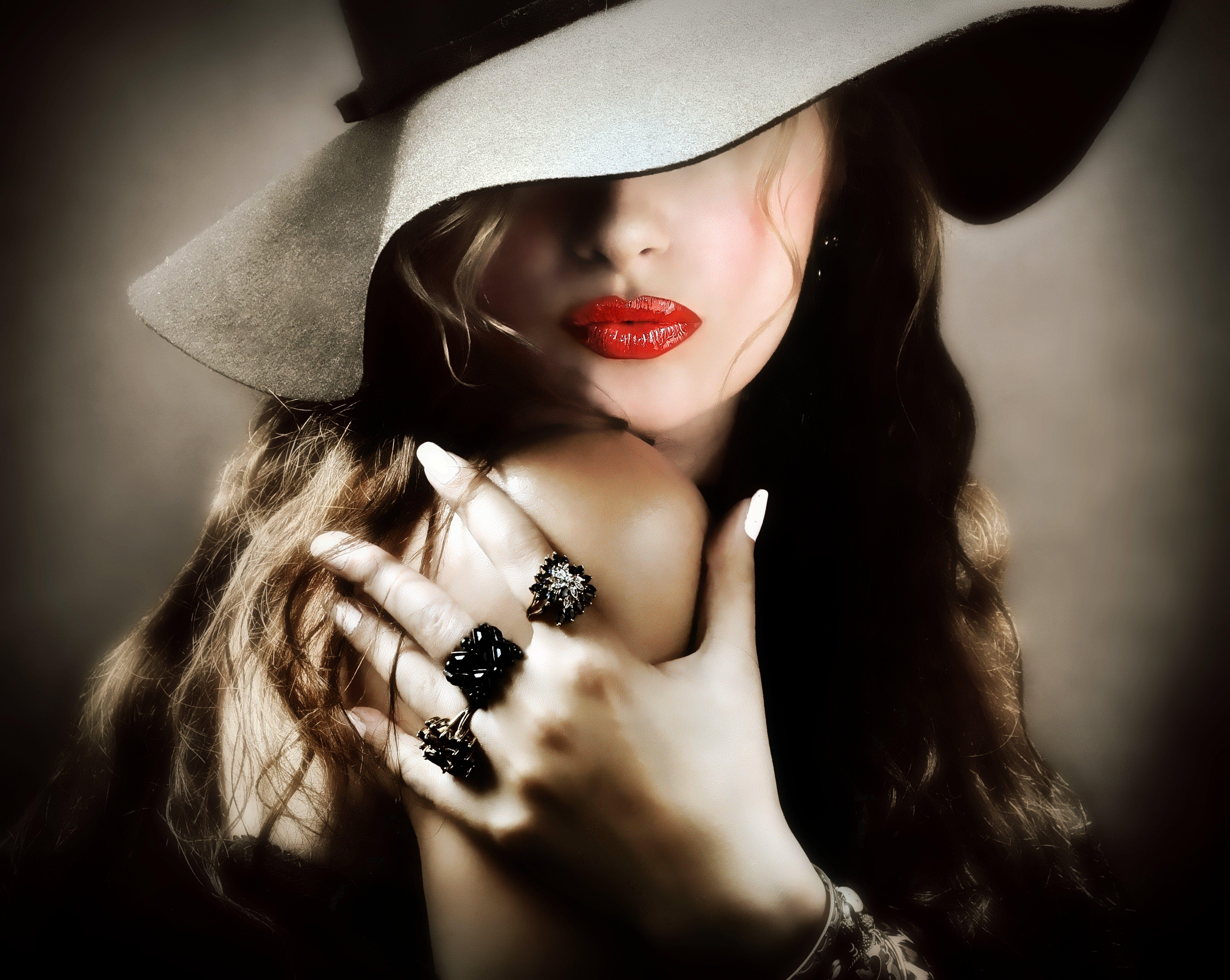 7150x5696 Girl lipstick red lips hat hand ring wallpaperx5696