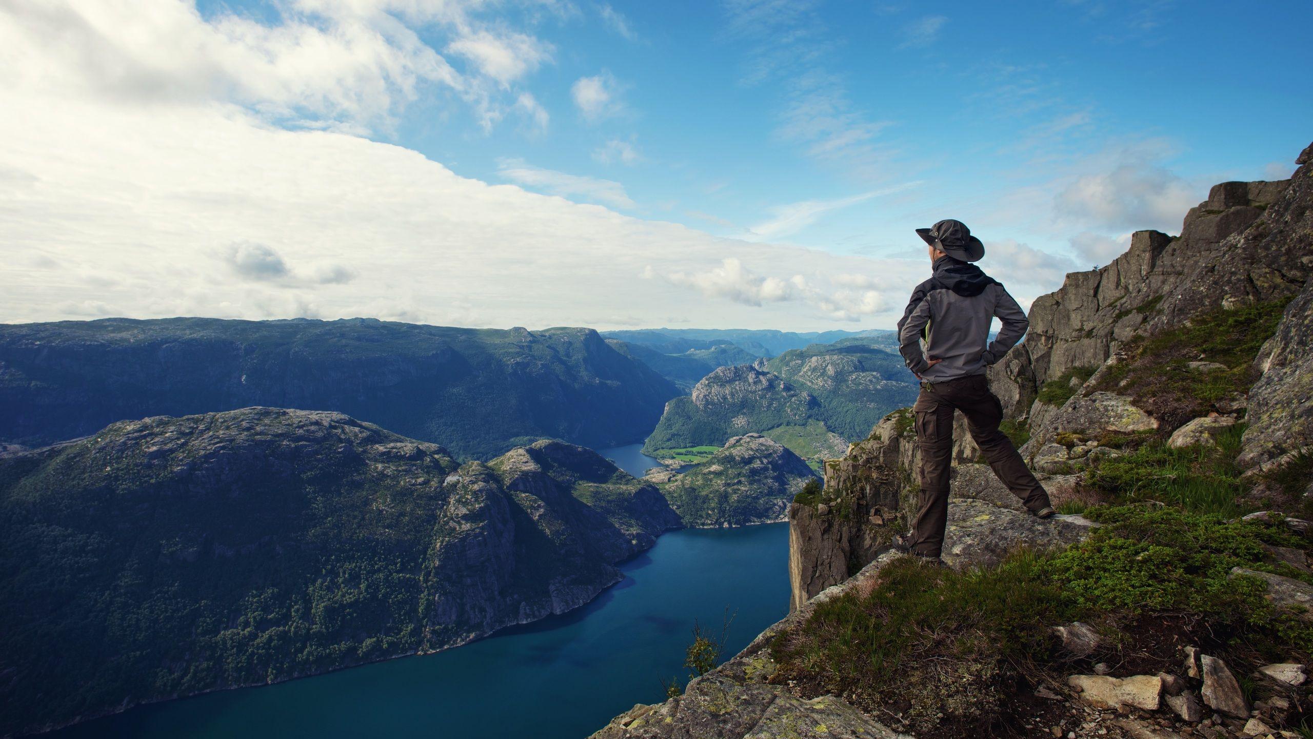 2560x1440 lonely, mountain, nature, clouds, panorama, sky, hiker