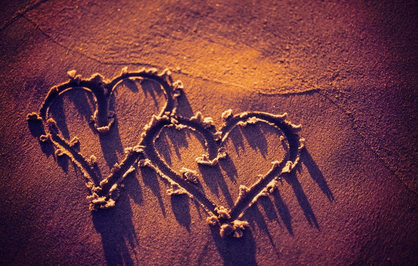 1332x850 Wallpaper sand, beach, love, beach, heart, heart, sunset, sand