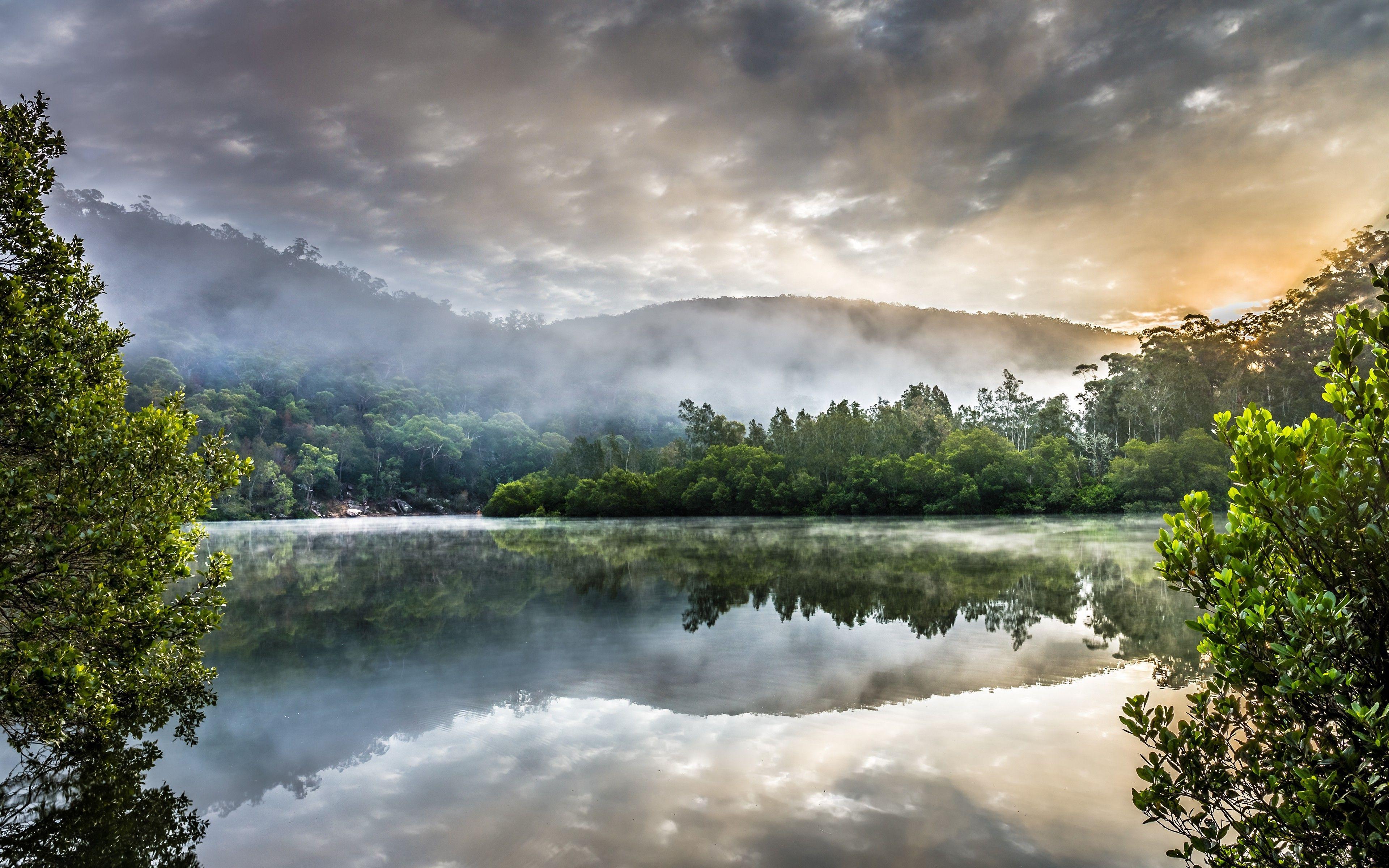 3840x2400 nature, Landscape, Mist, Sunrise, Lake, Hill, Trees, Water