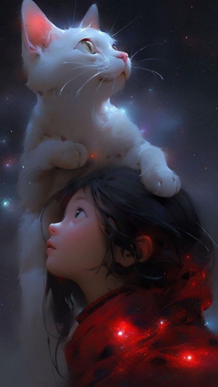 736x1308 White cat digital painting. Glowing cat digital illustration, Girl and cat art, Cat gifs