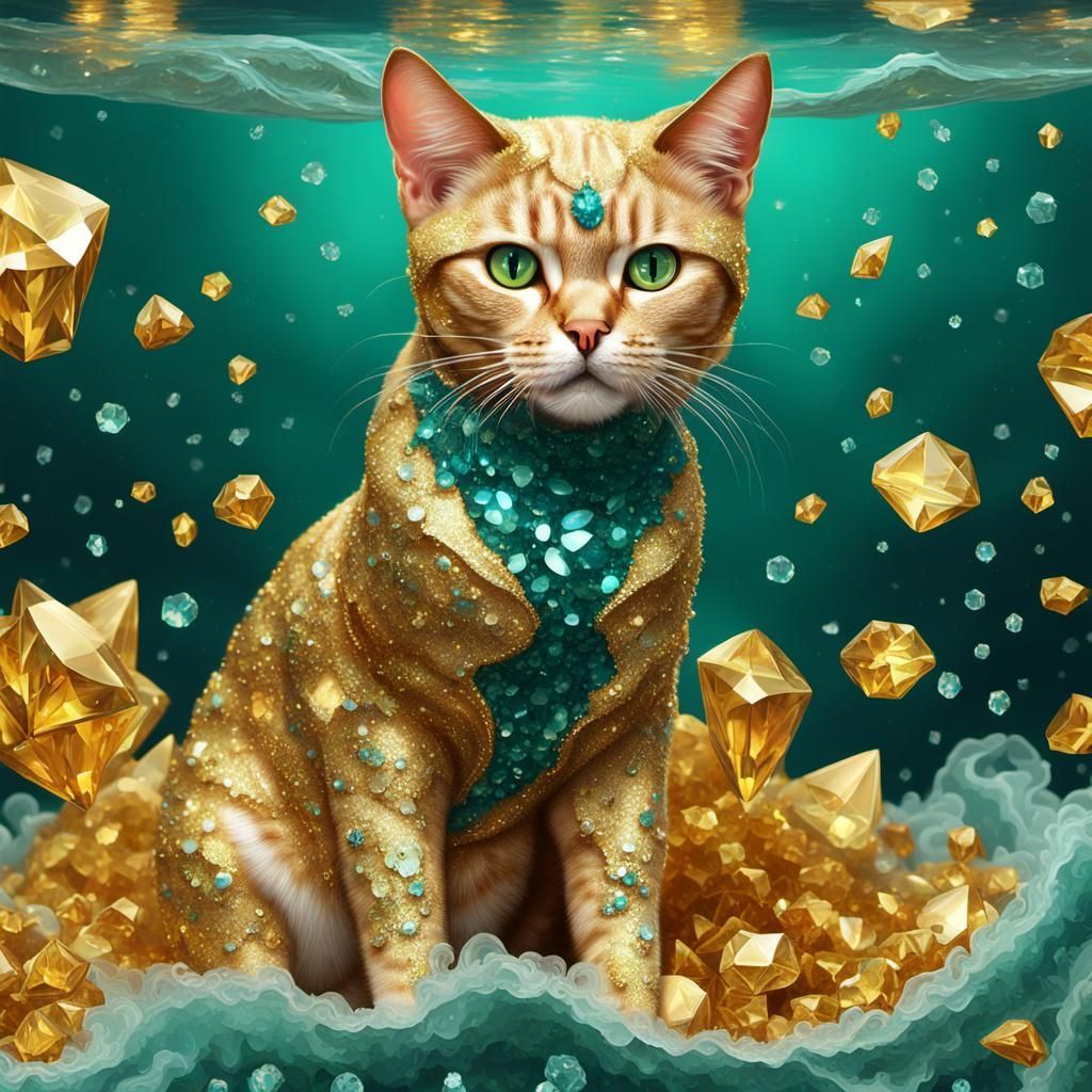 1024x1024 a cat covered in golden crystals, in the style