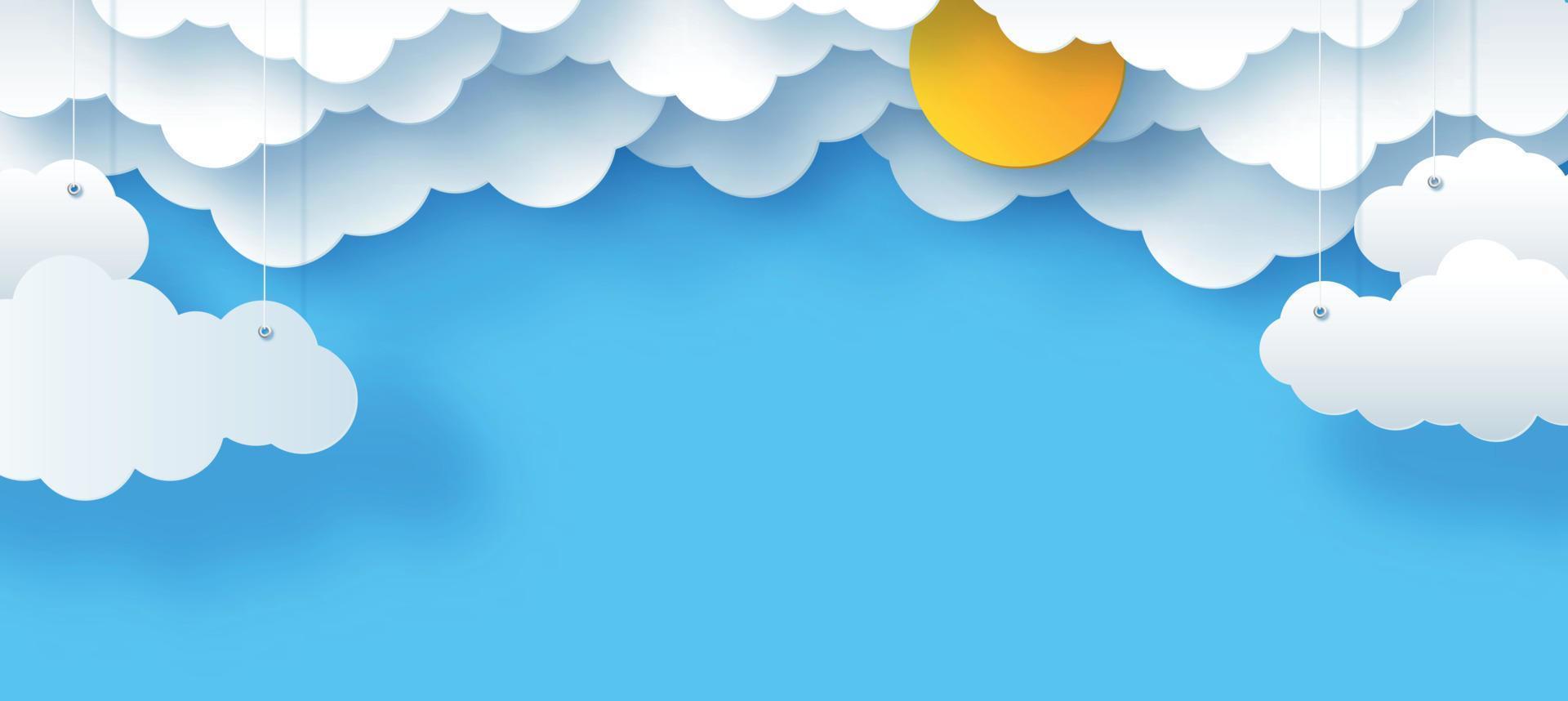 1920x858 clouds and stars, the sun on a blue background, Children's vector illustration of the sky in a paper decorative style, 3D