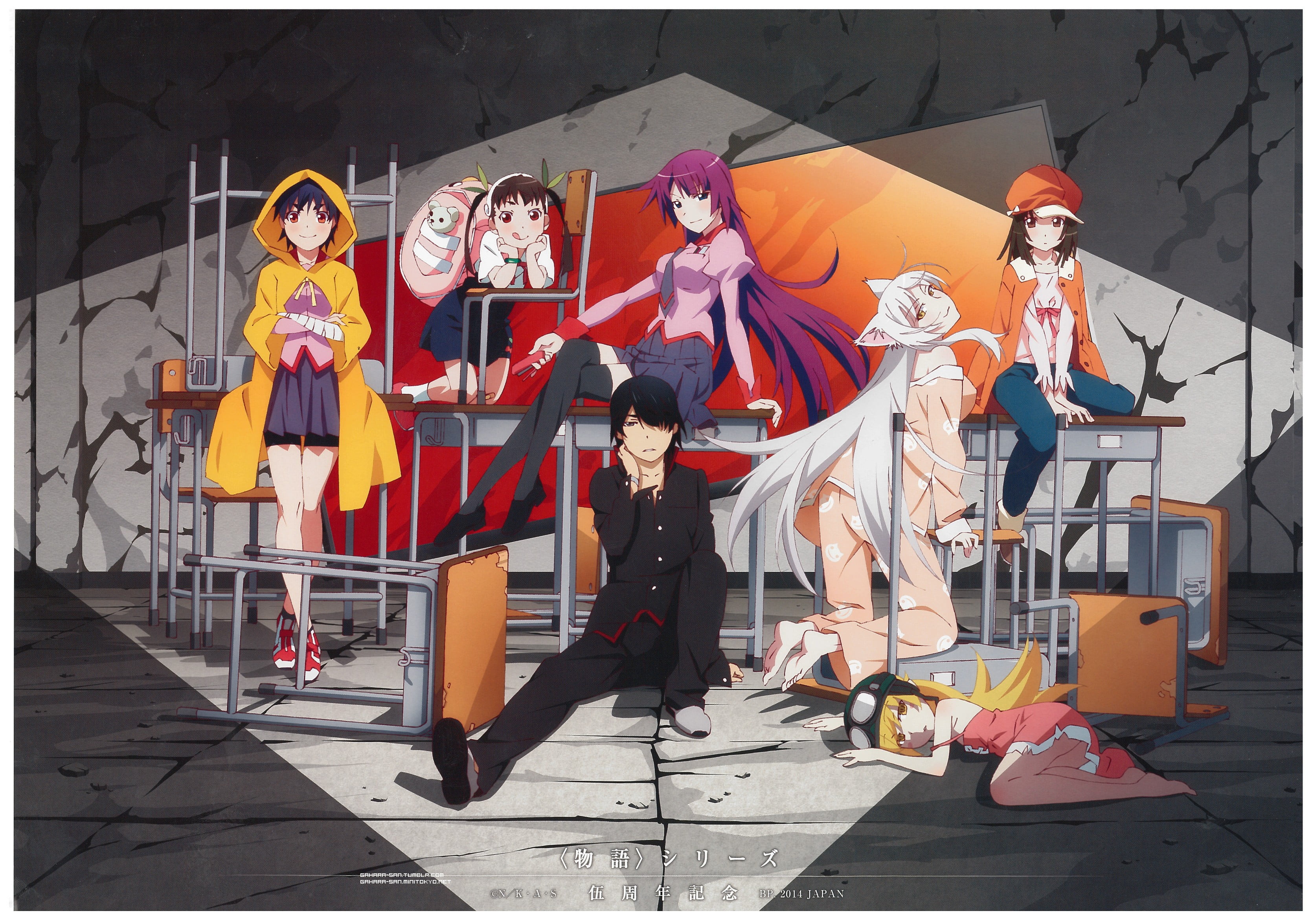 3338x2352 Sketch on three person, Monogatari Series, Oshino Meme, Araragi Koyomi, Oshino Shinobu HD wallpaper