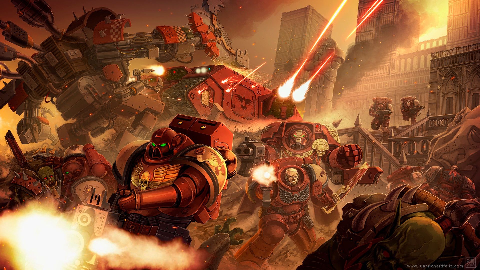 1920x1080 Wallpaper space marines, orcs, tank, Warhammer 40 Blood Ravens, terminator armor for mobile and desktop, section фантастика, resolution 1920x1080
