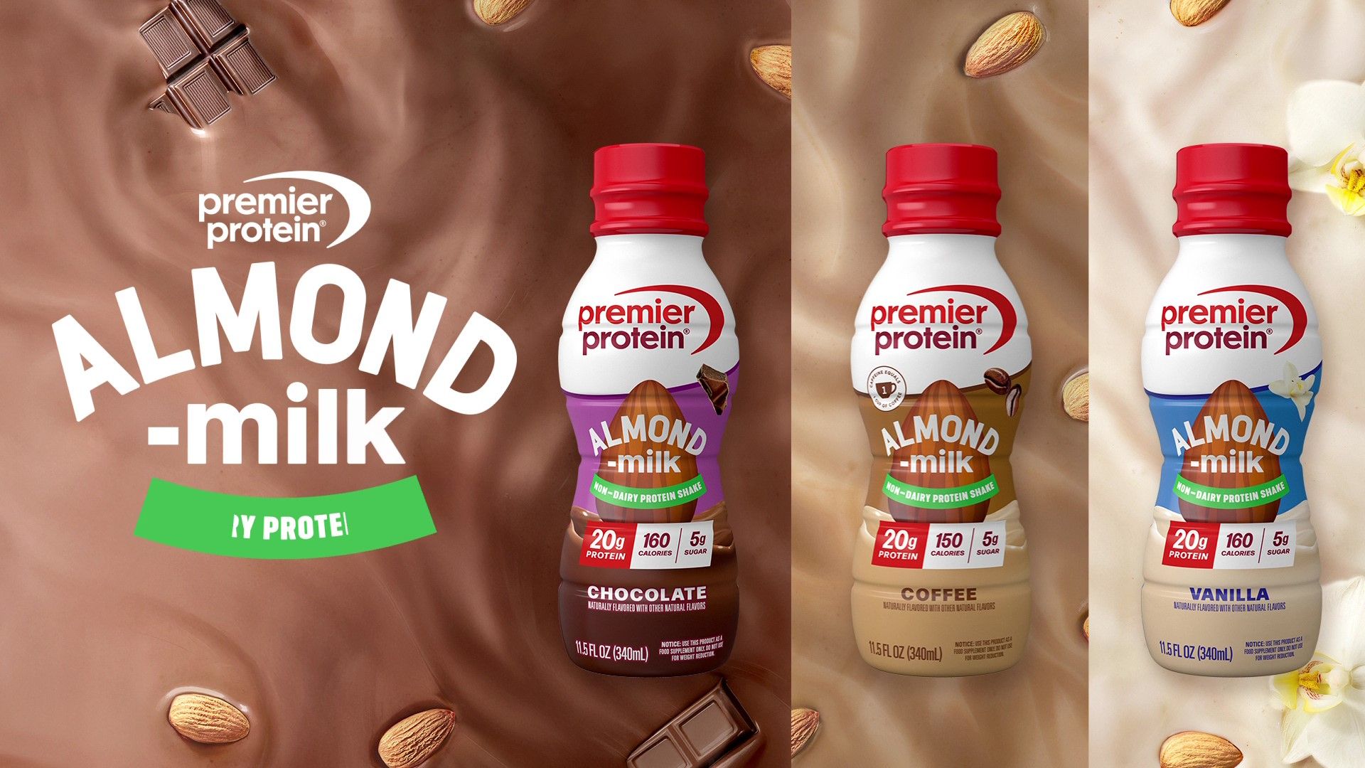 1920x1080 Premier Protein Non Dairy Plant Based Almondmilk Protein Shake, Chocolate, 20g Protein, 5g Sugar, Gluten Free, 11.5 Fl Oz (12 Pack) : Everything Else