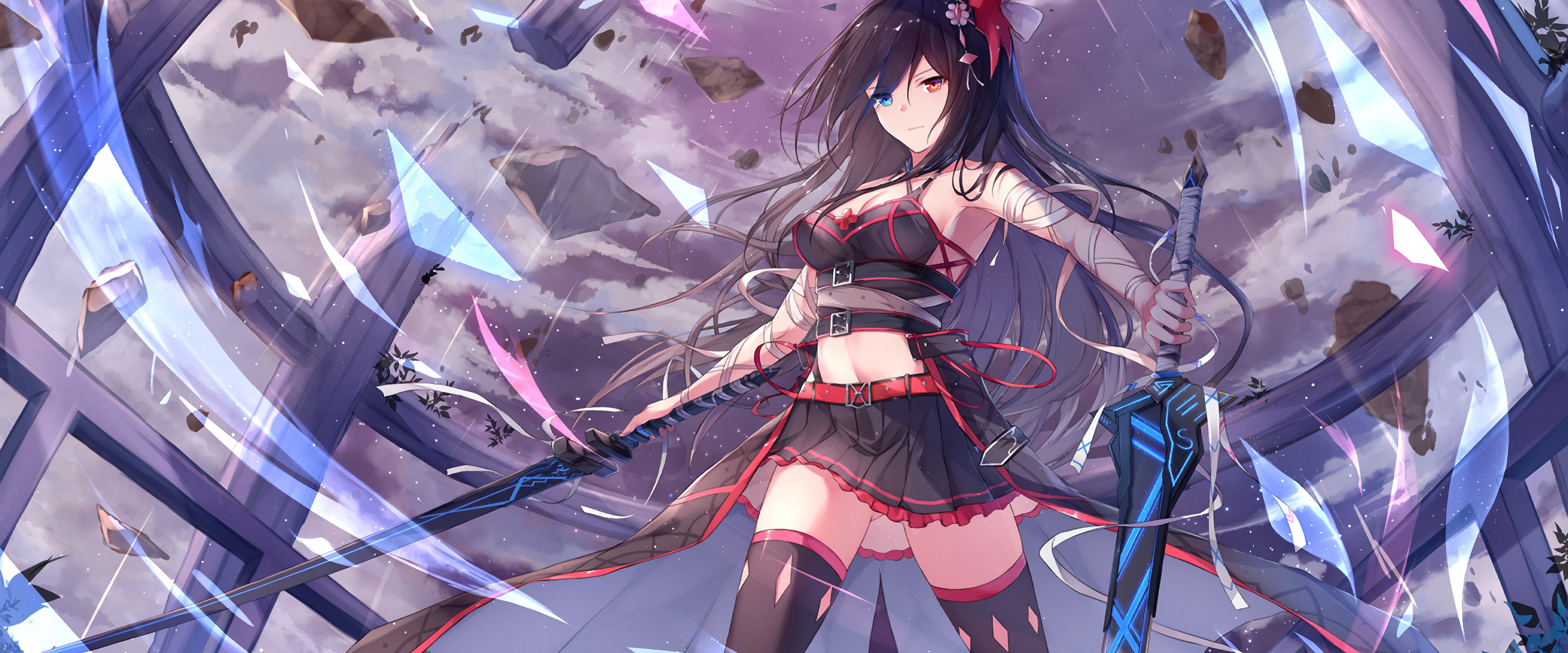 7680x3200 Anime Girl Sword Heterochromia 4K Wallpaper HD