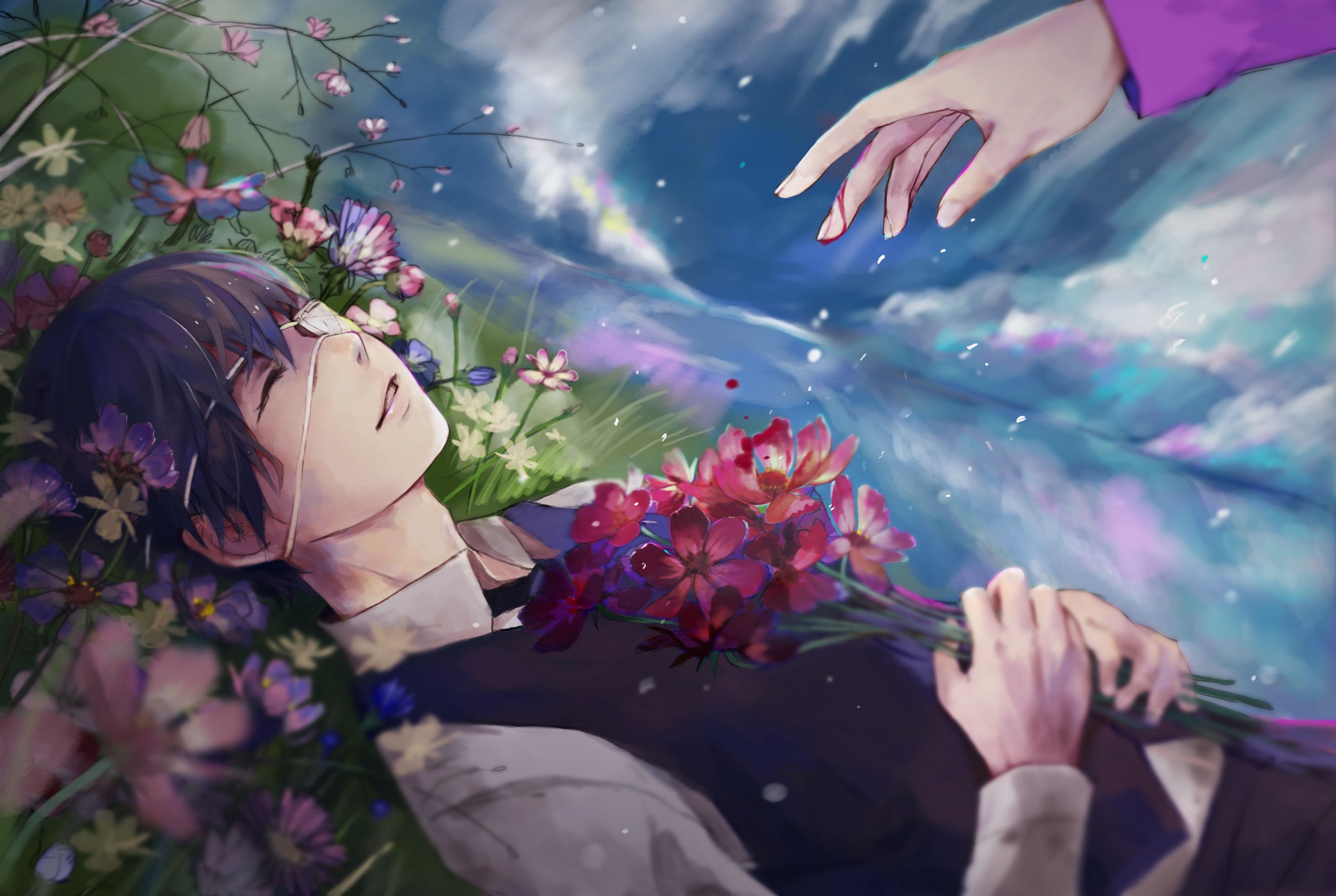 2642x1772 Wallpaper the sky, clouds, flowers, smile, rain, anime, hands, art for mobile and desktop, section сэйнэн, resolution 2642x1772
