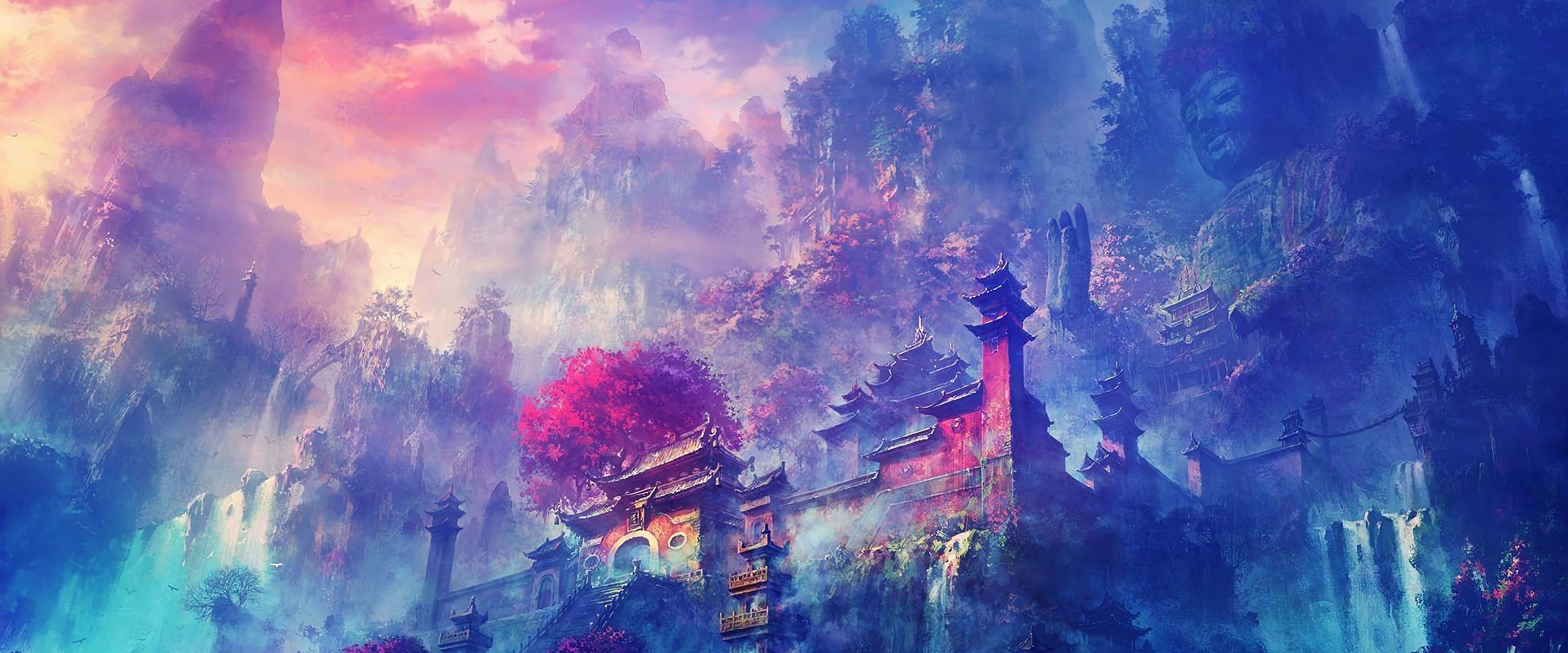 7680x3200 Buddha Oriental Castle Scenery Anime 4K Wallpaper HD