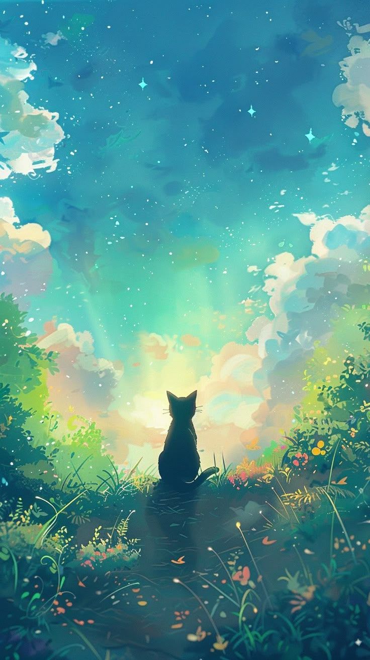 736x1313 RoyaltyFreeArtists. TikTok. Linktree. Calm nature scene art, Cat sitting in a serene forest