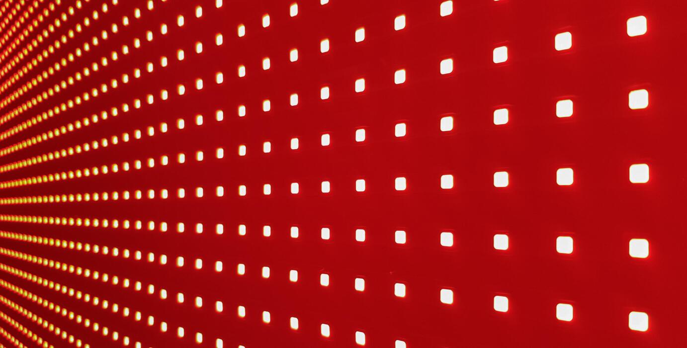 1382x700 RGB LED Screen Panel Texture. Close Up Of A Pixel LED Screen With Bokeh For Wallpaper. Bright Red Abstract Background Perfect For Any Design