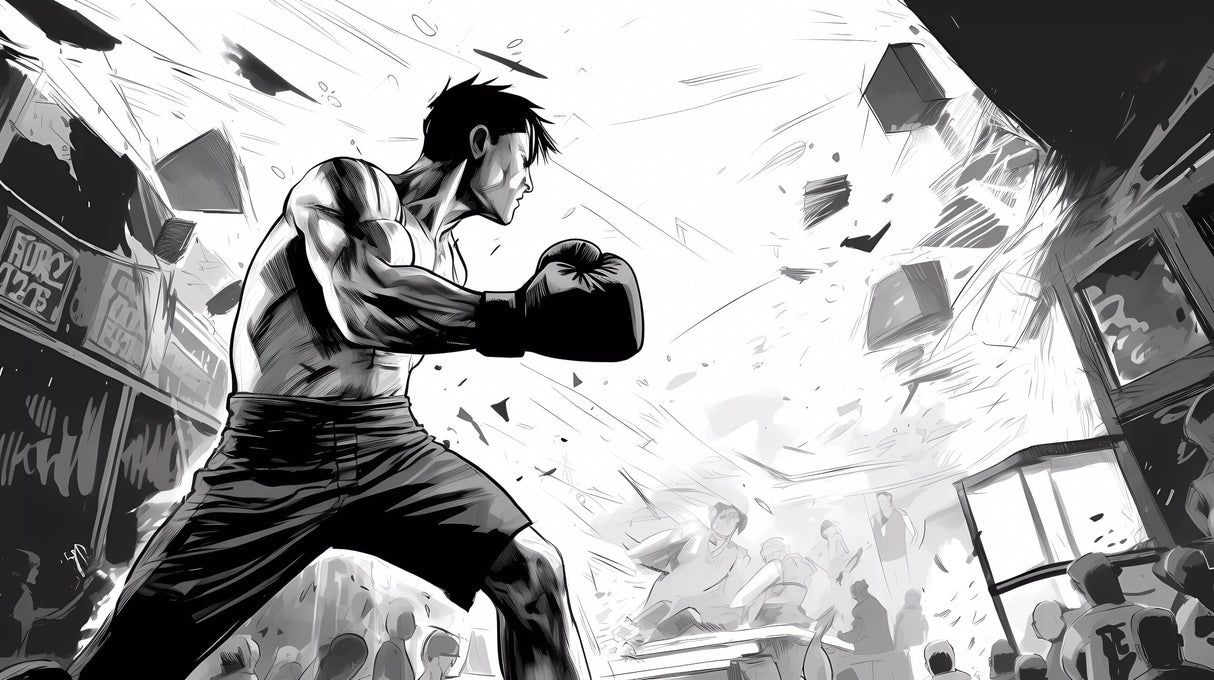 1214x680 Anime Mural Wallpaper. Black and White Boxing Scene