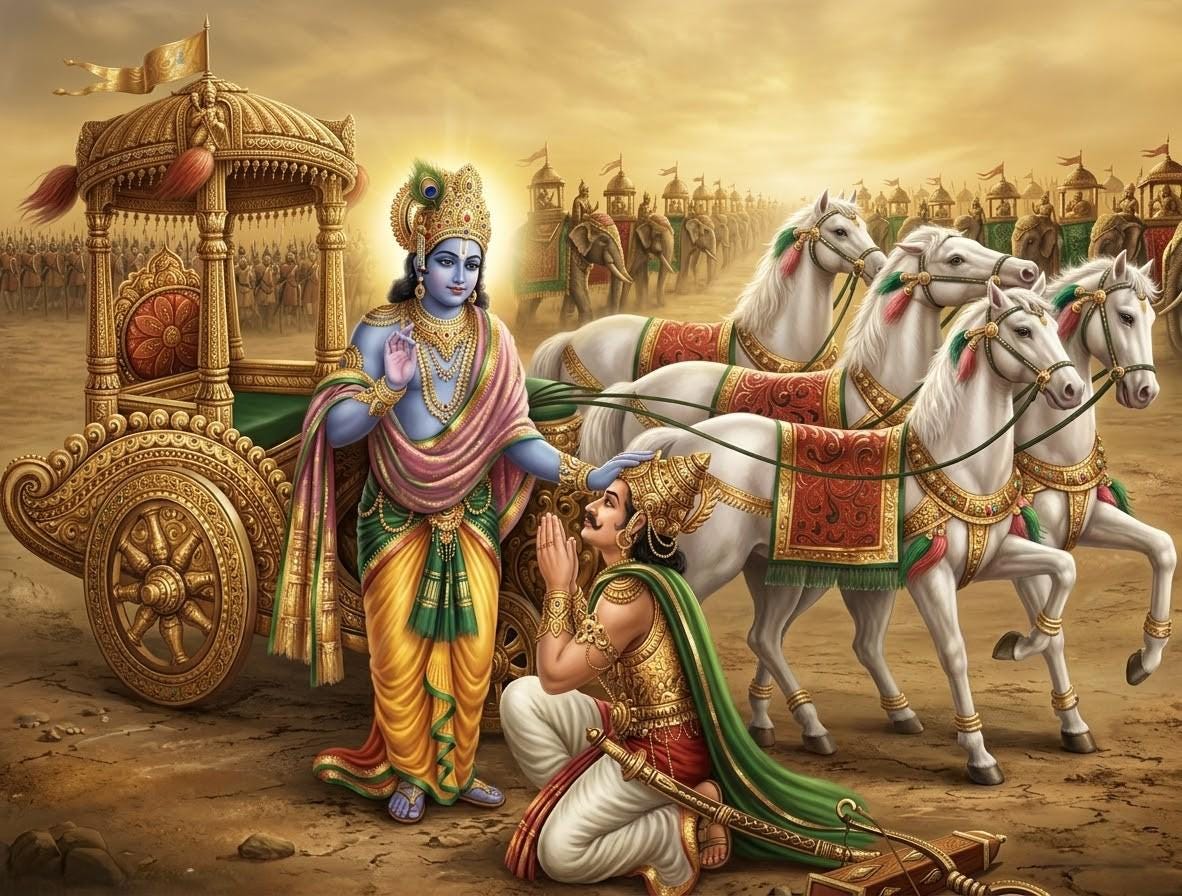 1182x896 Krishna and Arjun Golden Framed Digital Print, Mahabharata Art