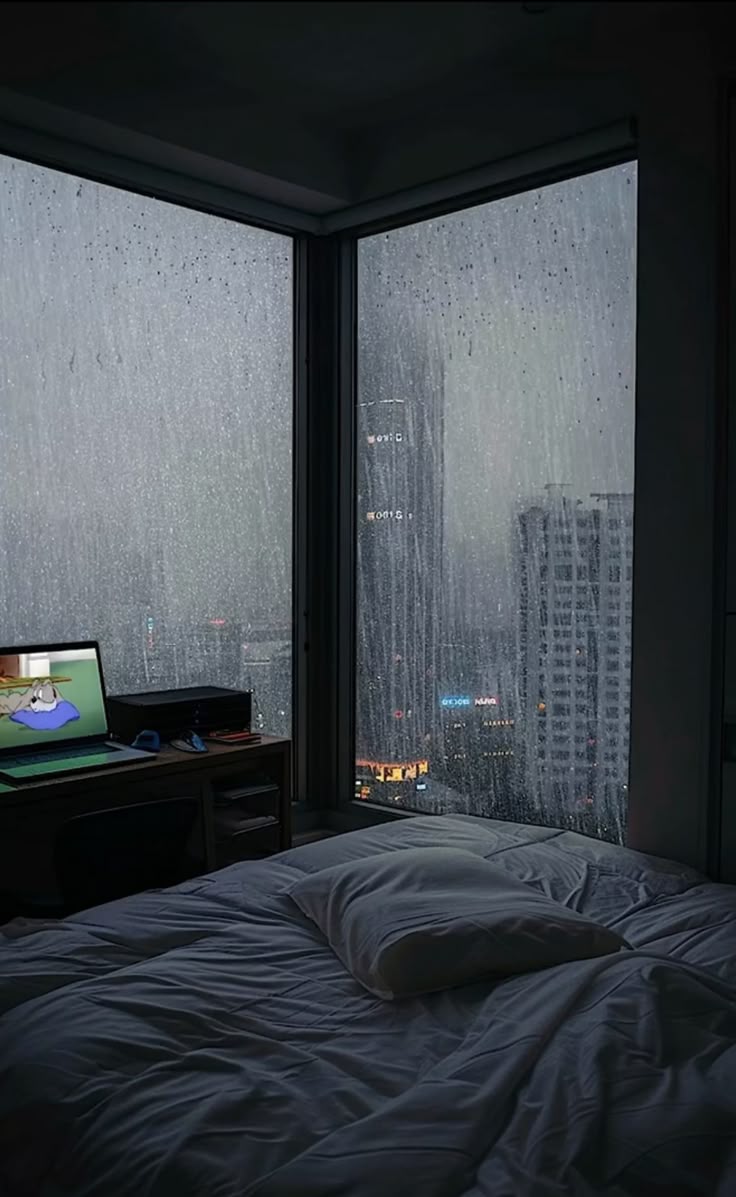 736x1197 Bedroom rainy night aesthetic. Rainy day looking out window, Peaceful rainy night, Room inspo
