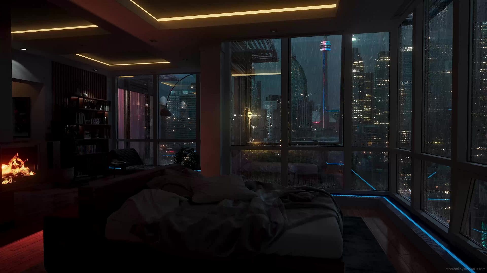 1920x1080 Cozy Bedroom Rainy City Live Wallpaper