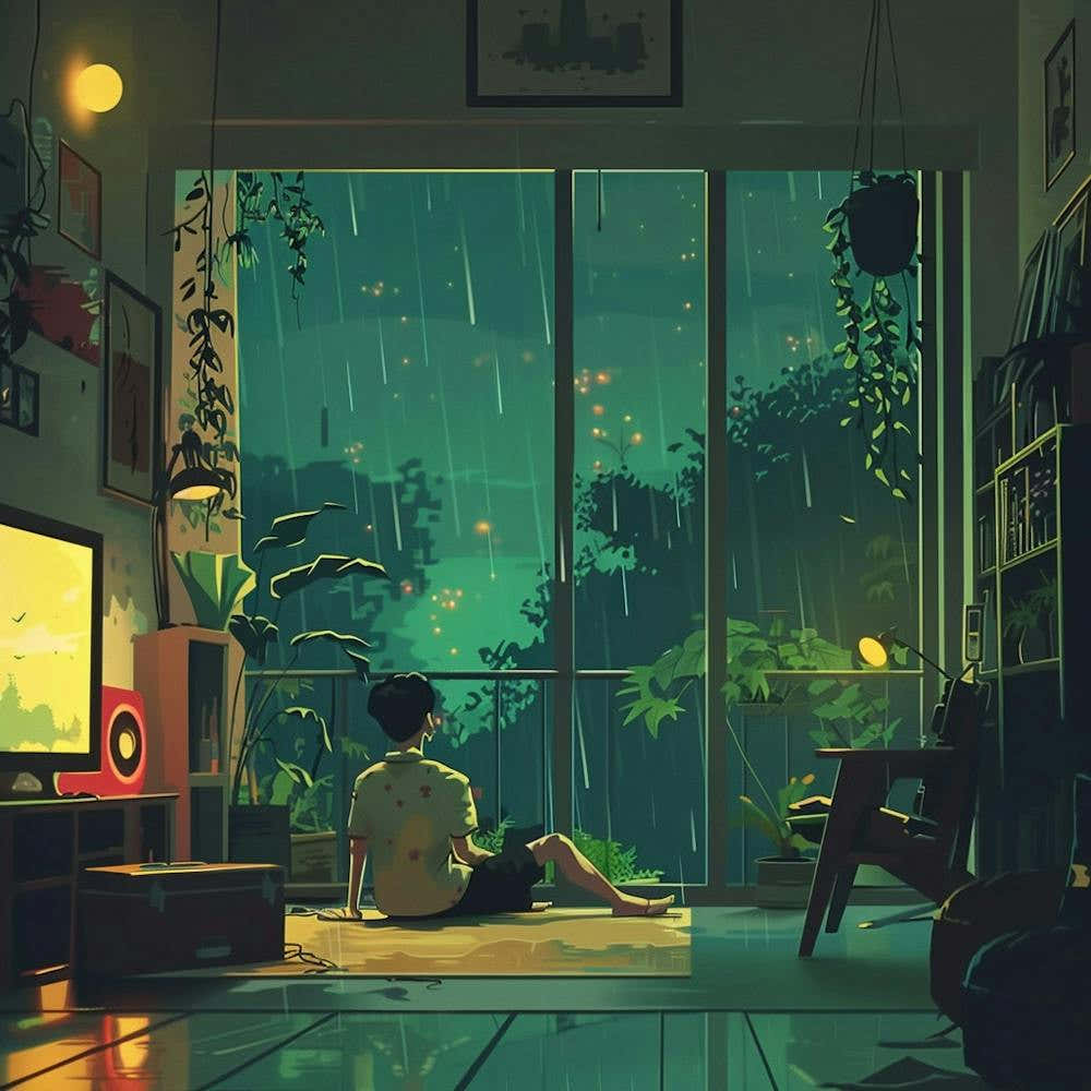 1000x1000 Rainy Day Lofi Illustration Rain at the Window Art Print