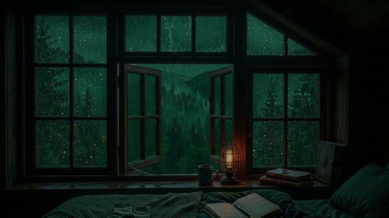 1280x720 Relaxing Rain Outside an Open Bedroom Window. Cozy Warm Ambience for Better Sleep & Stress Relief