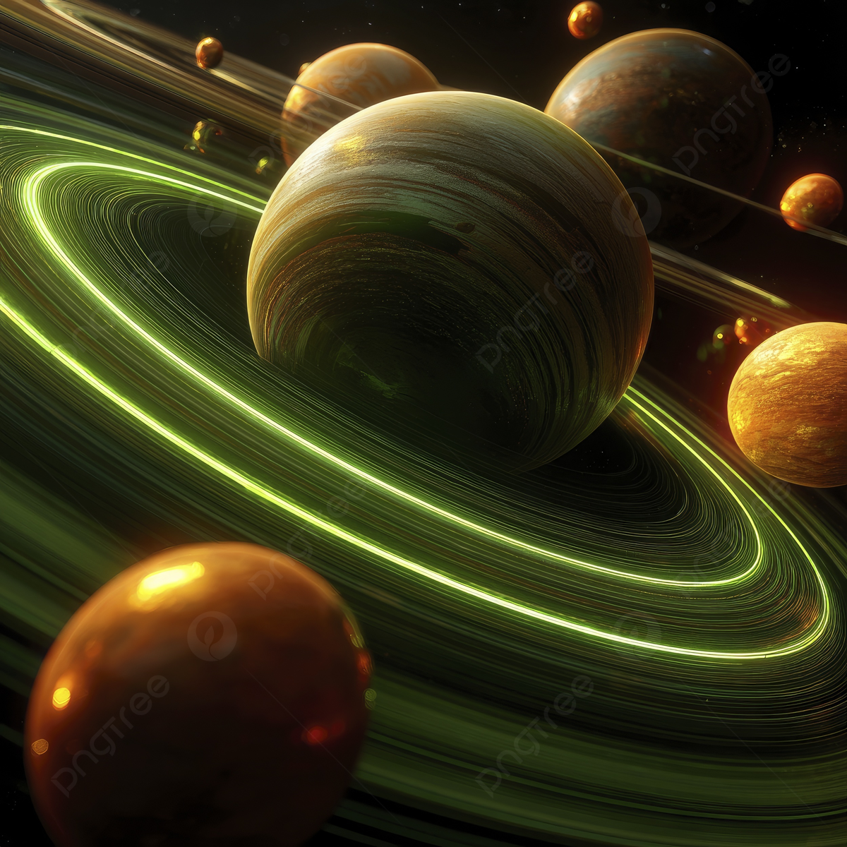 1200x1200 Multiple Planets Orbiting Around Each Other In Space With Glowing Green Rings Forming Between Them, Planets, Orbiting, Rings Background Image And Wallpaper for Free Download