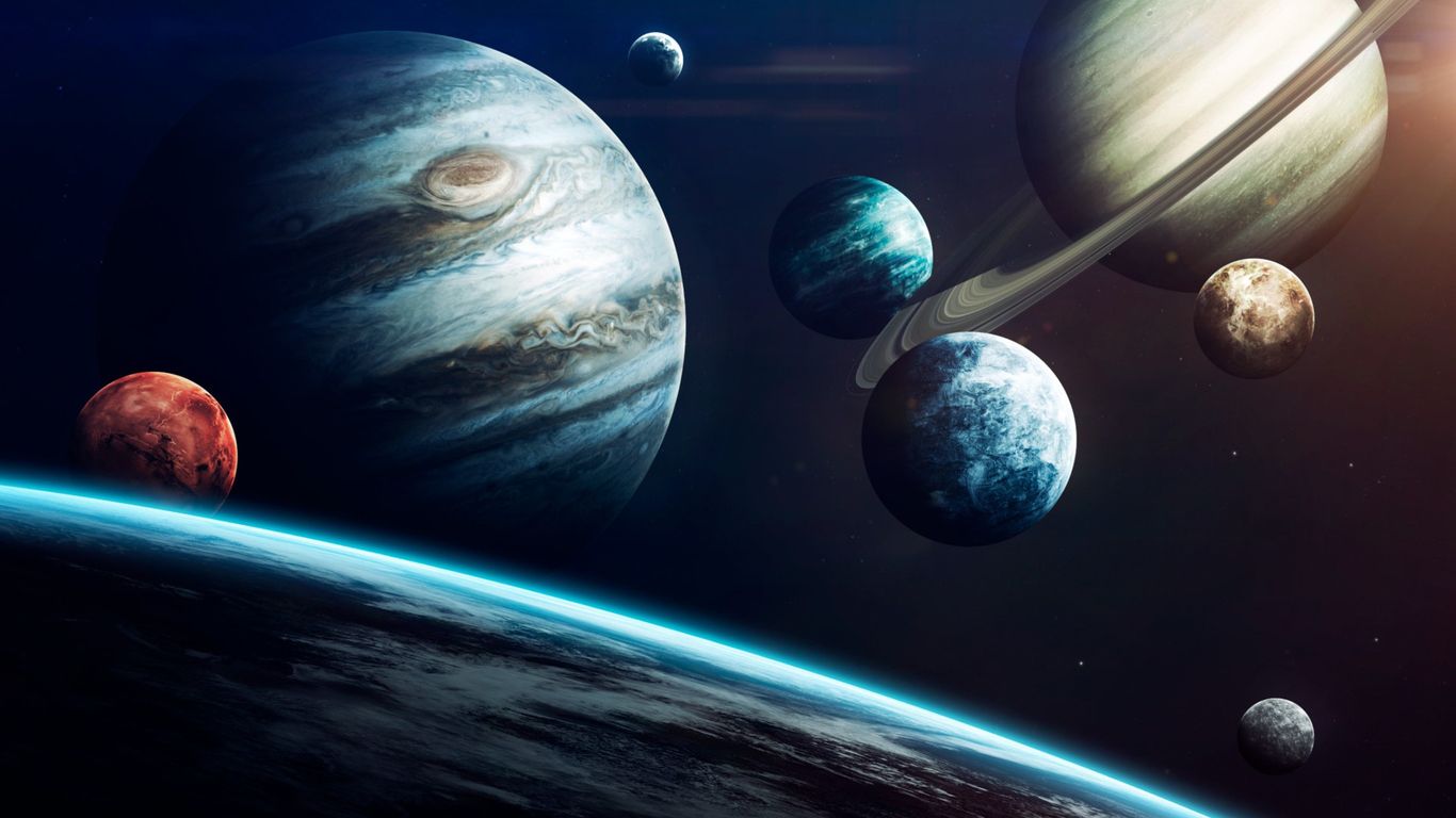 1366x768 Download Solar system, Moon, Earth, Saturn, Mars, Other planets Wallpaper in 1366x768 Resolution