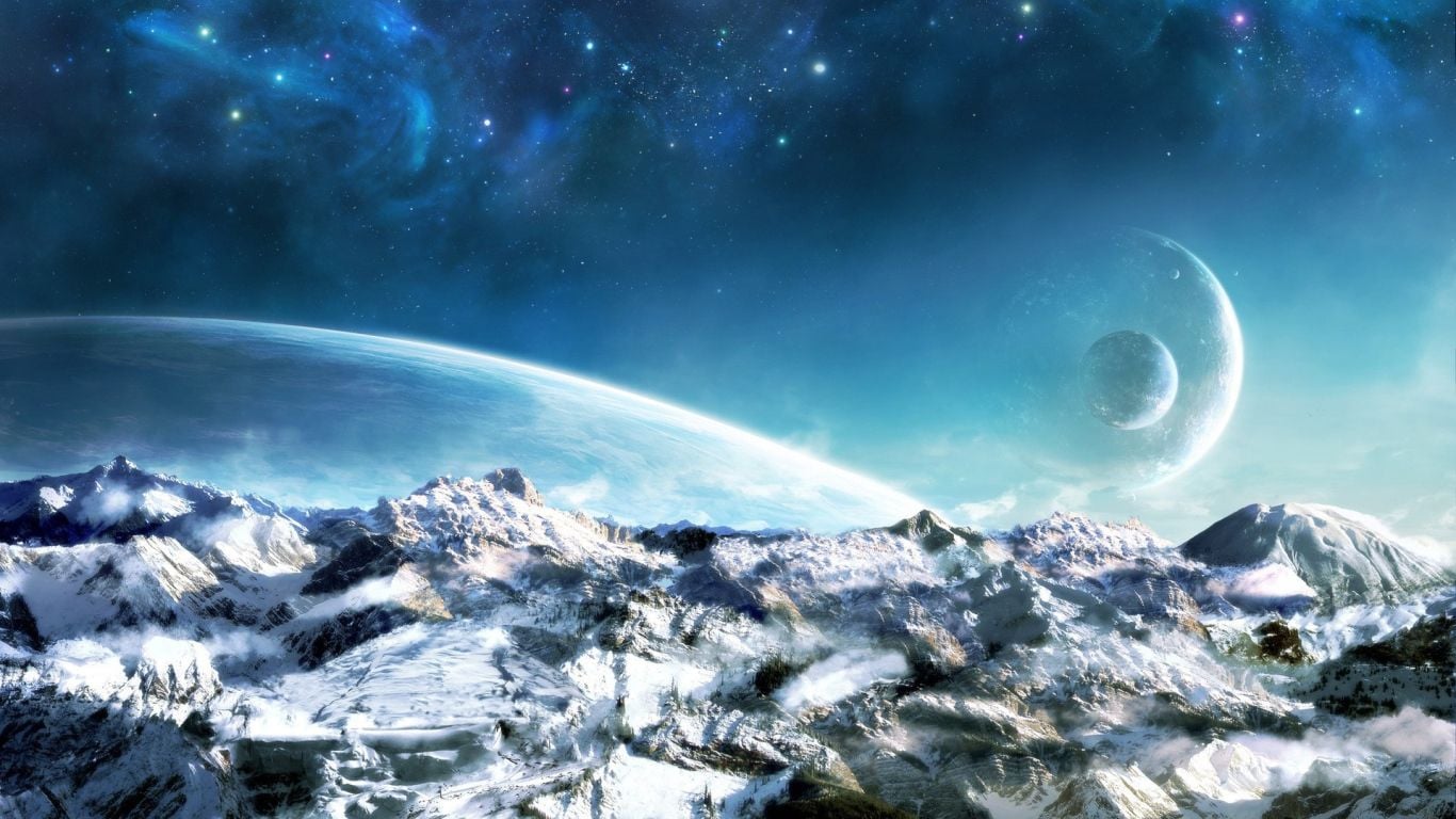 1366x768 Ice world against the background of other people's planets Desktop wallpaper 1366x768