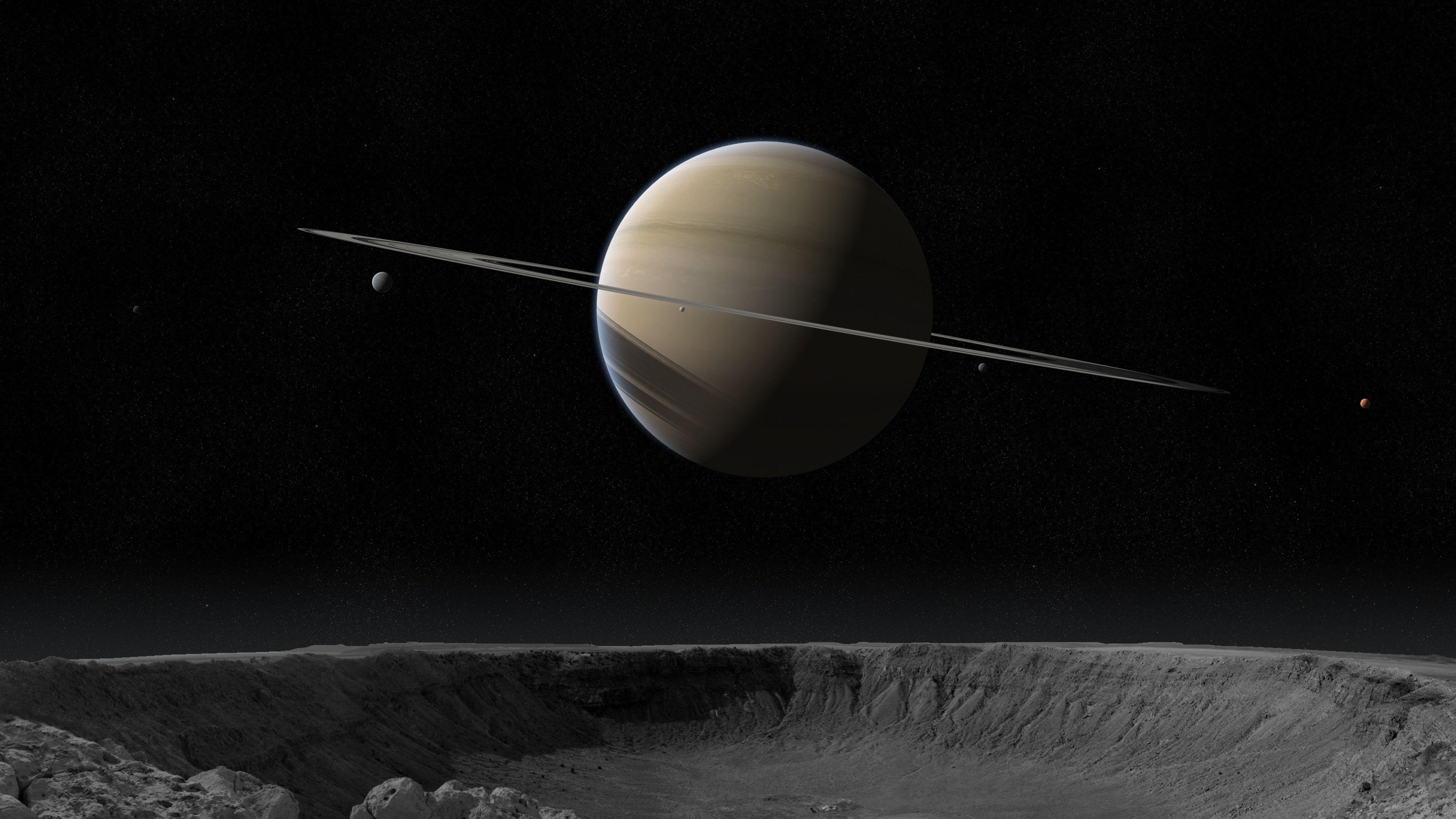 3840x2160 Wallpaper Saturn, crater, satellite, stars, space 3840x2160 UHD 4K