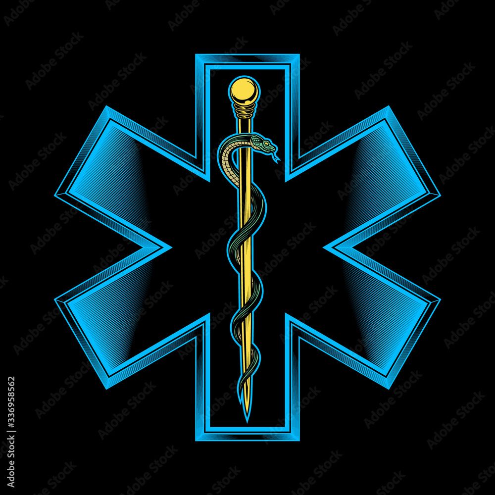 1000x1000 The star of life with rod of Asclepius emblem. Vector illustration in engraving technique. Modern symbol of medicine, emergency medical services, paramedics, technicians. Isolated on white. Stock Vector