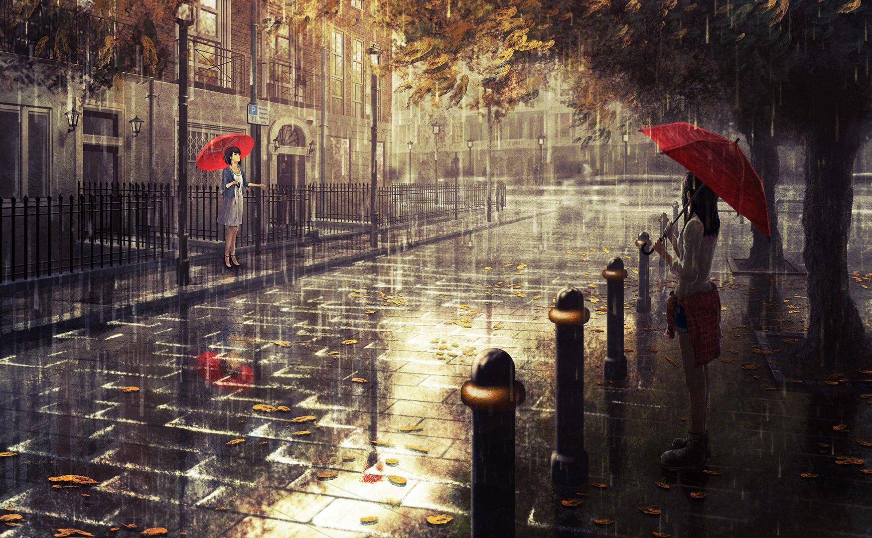 1750x1080 #umbrella, #rain, #London, #artwork, #original characters