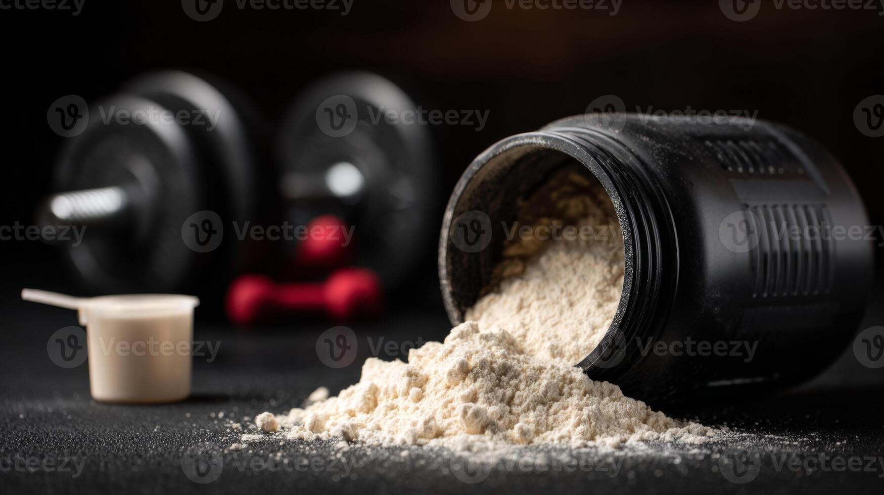 1749x980 A whey protein tub is overturned, spilling powder on a black surface. In the background, dumbbells and a resistance band suggest an active fitness environment, ideal for a home workout. 68709278 Stock