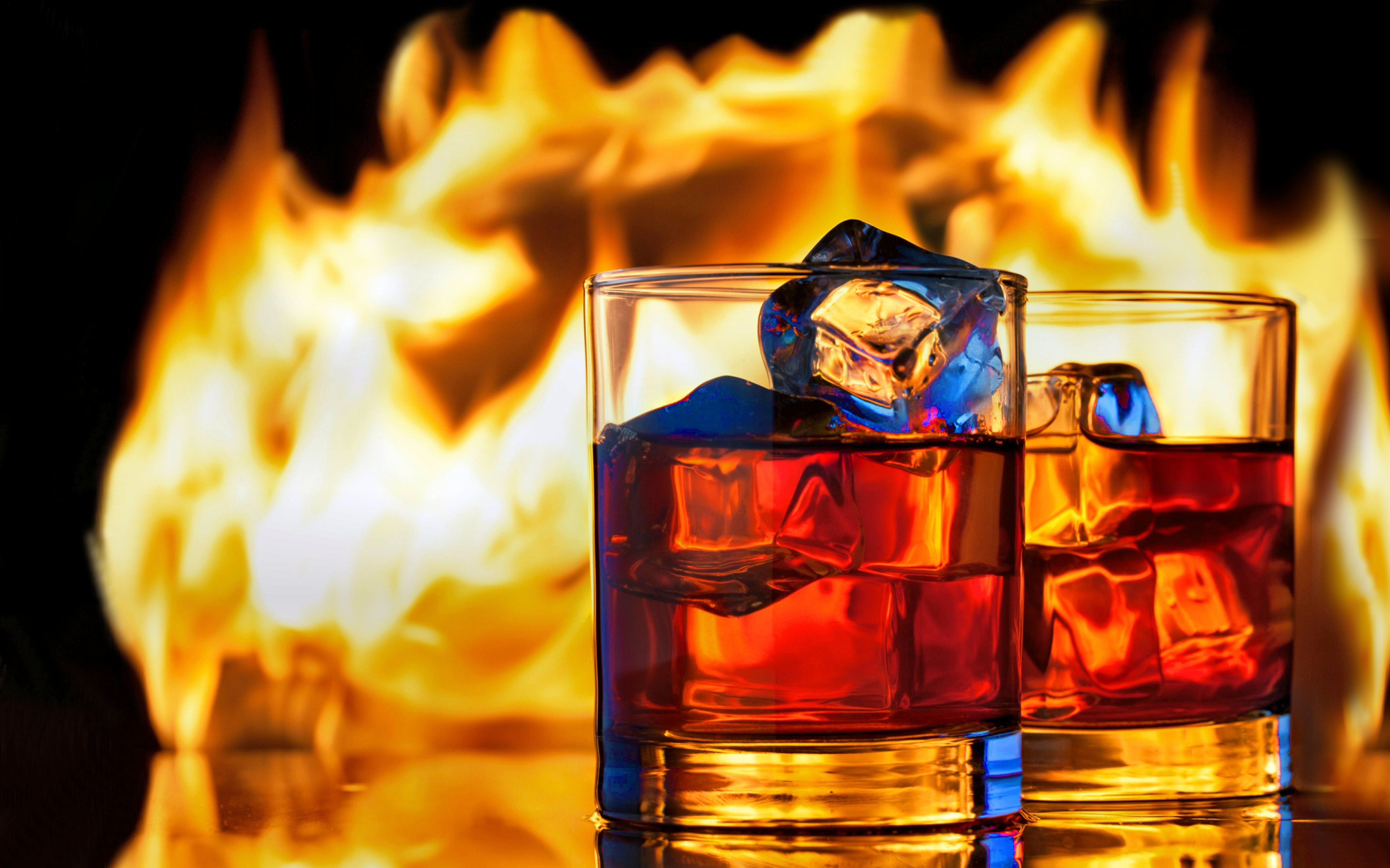 5603x3500 Desktop wallpaper: Whisky, Glass, Food, Drink, Fire, Ice 4K free download for PC. 640377