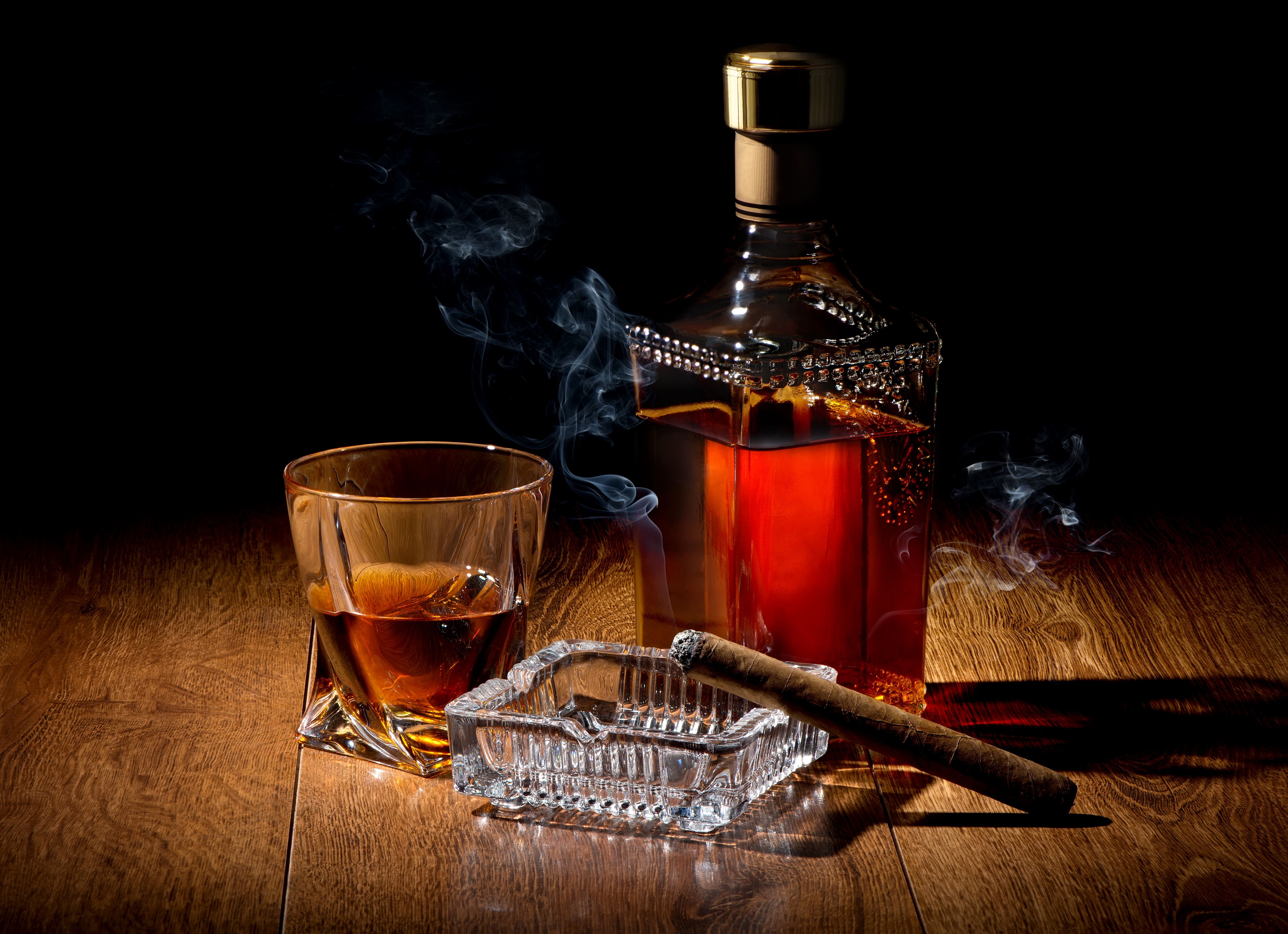 6180x4482 Desktop wallpaper: Alcohol, Whisky, Cigar, Glass, Drink, Food, Bottle 4K free download for PC. 799924