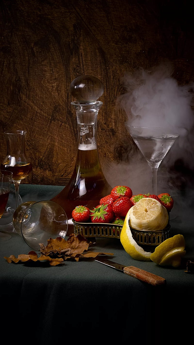 800x1422 Whisky, bottle, cup, glass, drink, fruits, lemon, strawberries, knife, HD phone wallpaper
