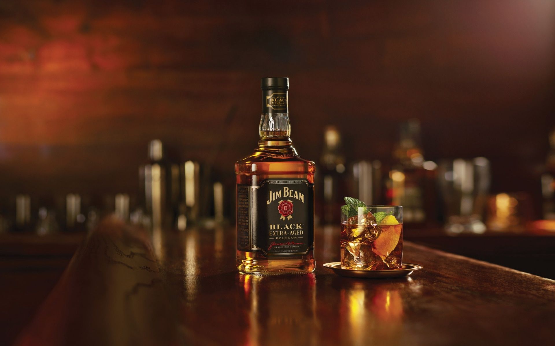 1920x1200 Wallpaper whiskey, Jim Beam Black, glass of whiskey with mint, Black Bourbon, bottle of whiskey for mobile and desktop, section еда, resolution 1920x1200