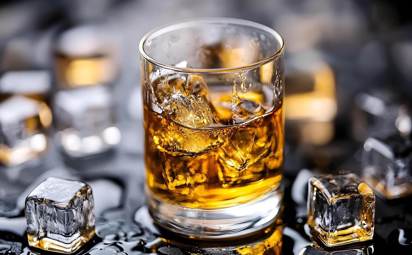 1579x980 An iced whisky glass sits amongst clear cubes on the glossy wet surface beautifully