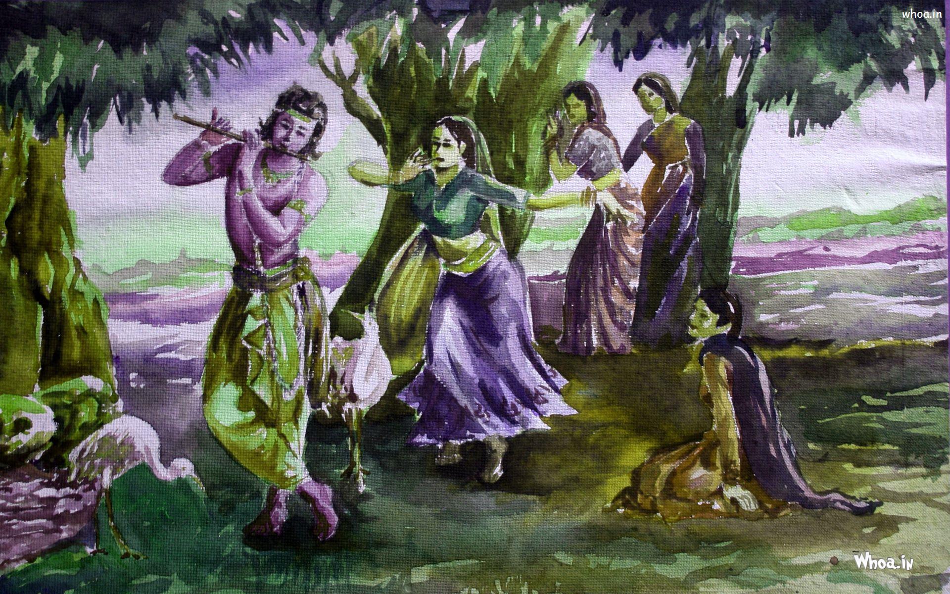 1920x1200 Lord Krishna Rass Leela Hand Painting HD Wallpaper