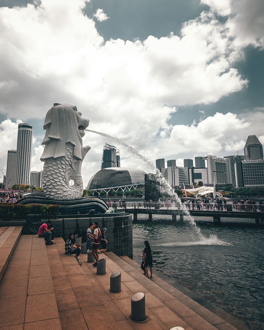 910x1138 merlion, singapore, architecture, bridge, buildings, city, city life, cityscape, clouds