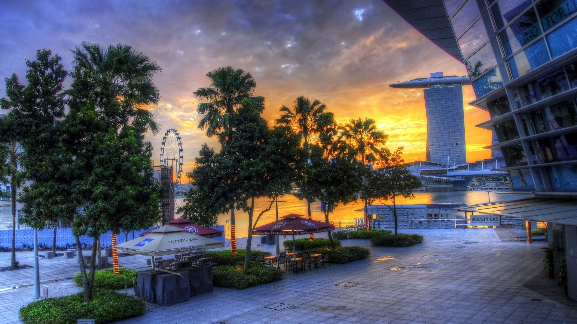 1920x1080 Wallpaper City at sunset, Singapore, skyscrapers, trees, street, river 1920x1080 Full HD 2K Picture, Image
