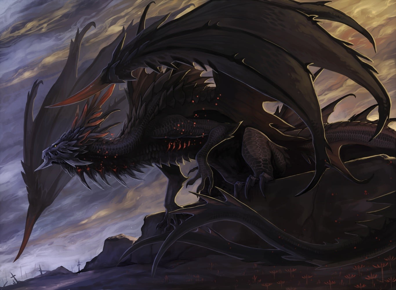 1366x1000 Black dragon illustration, dragon, wings, rock, claws HD wallpaper