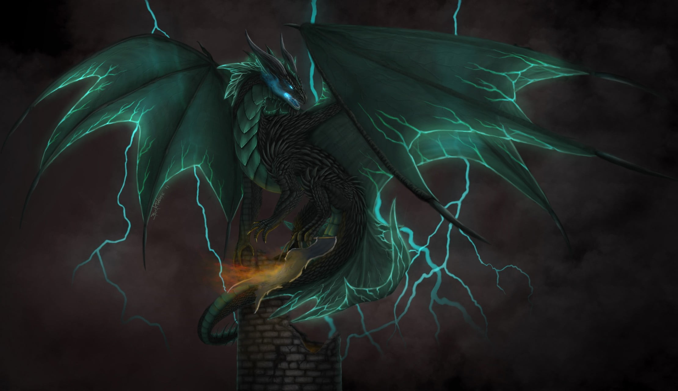 2221x1281 Green and black dragon print textile, digital art, fantasy art, dragon, wings HD wallpaper