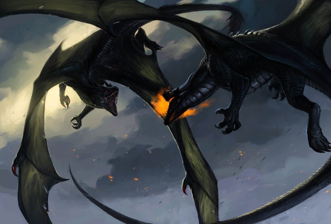 1106x750 Wallpaper Black Dragon With Orange Wings Illustration, Background Free Image