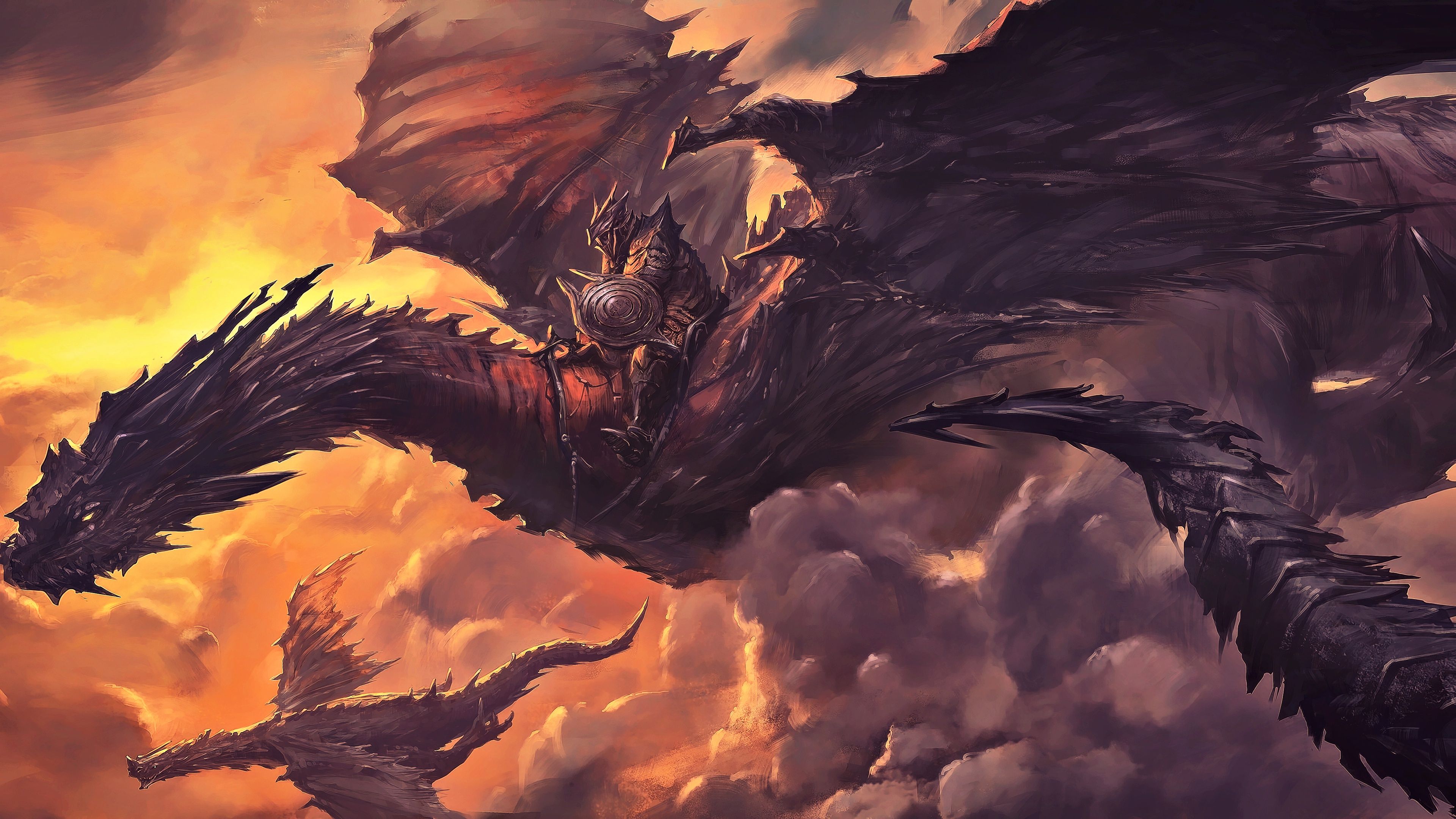 3840x2160 Wallpaper fantasy, horns, armor, sunset, wings, tail, clouds, digital art for mobile and desktop, section фантастика, resolution 3840x2160