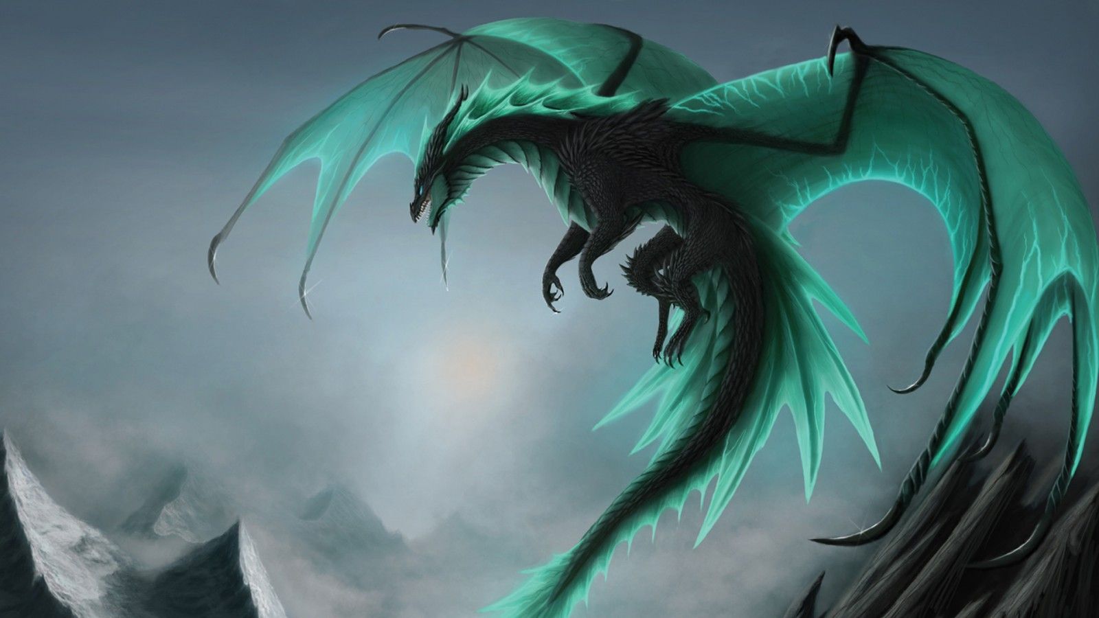1600x900 Fantasy Black And Green Dragon Is Flying Above On Mountain HD Dreamy Wallpaper