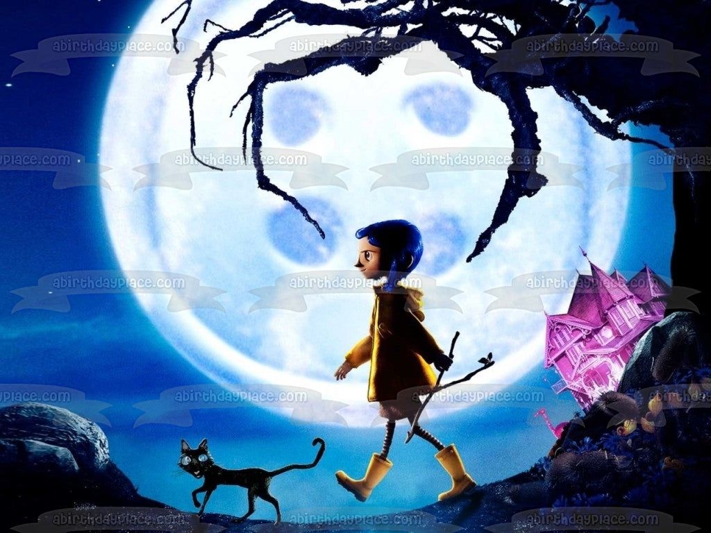 1024x768 Coraline the Cat Scary Trees Purple Haunted House Edible Cake Topper Image ABPID22088