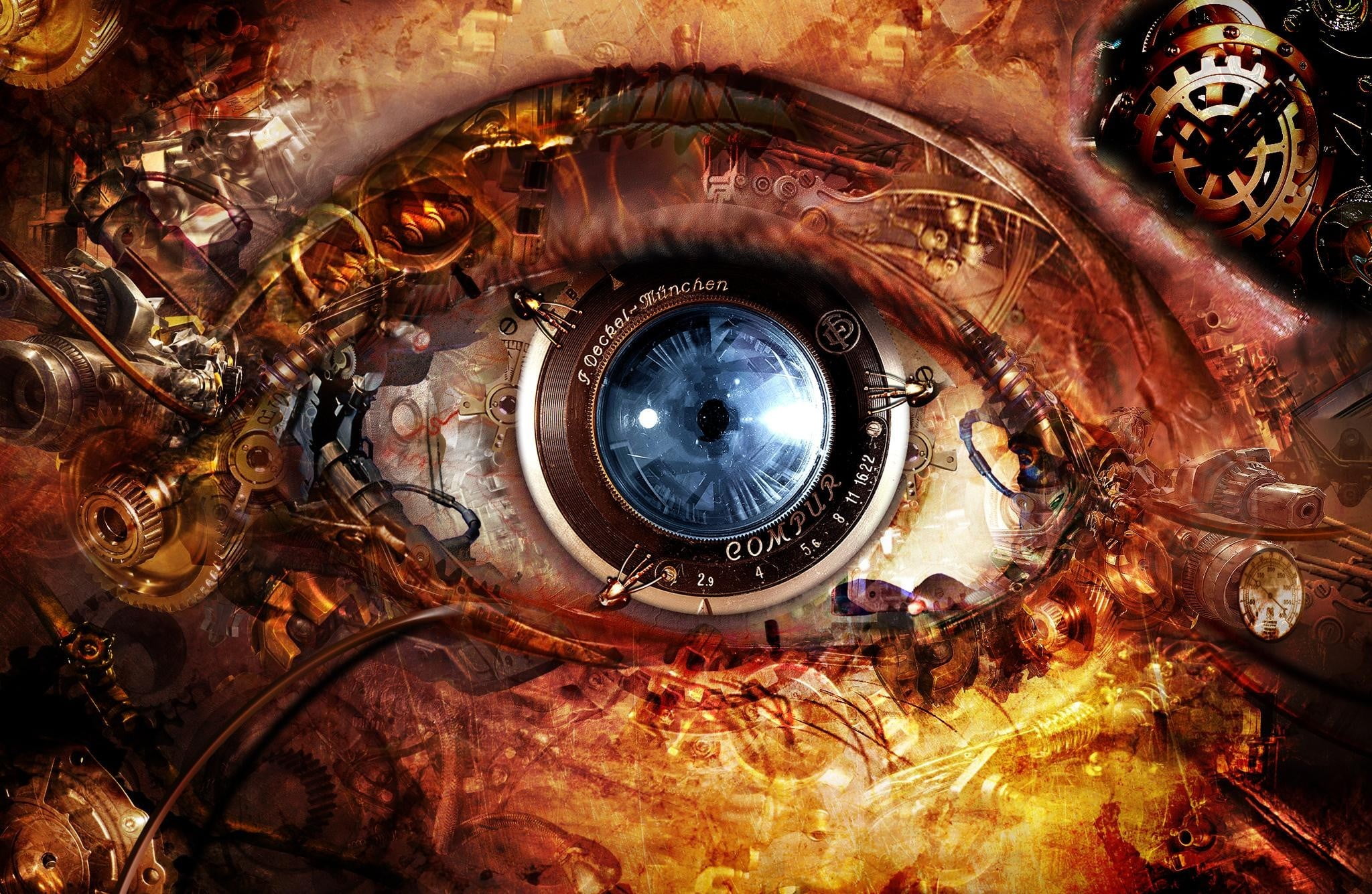 2048x1335 Mechanical human eye digital wallpaper, machine, eyes, mechanics, digital art HD wallpaper