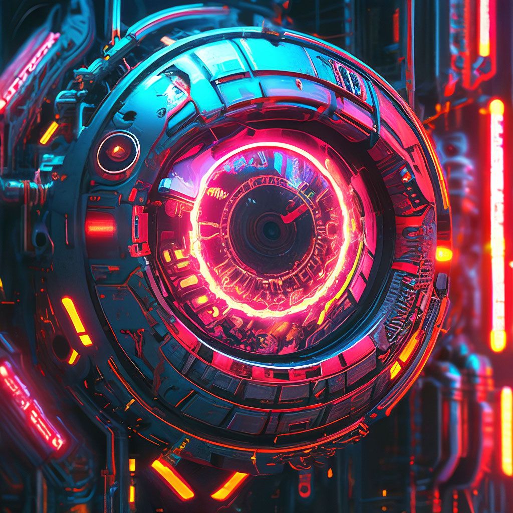 1024x1024 Mechanical eye, cyberpunk, , high detail, neon lighting